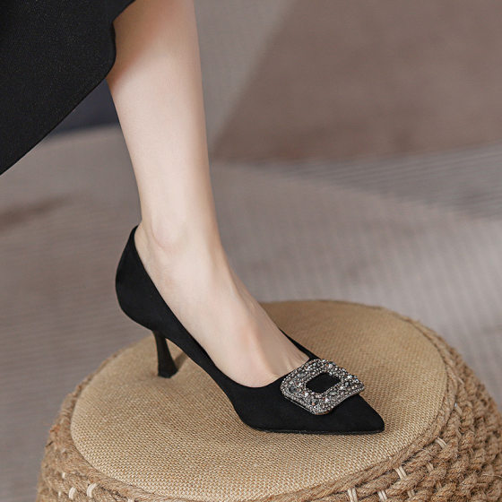 9833-5 not tired feet high heels new all-match fashion black professional work shoes French rhinestone stiletto heel single-layer shoes