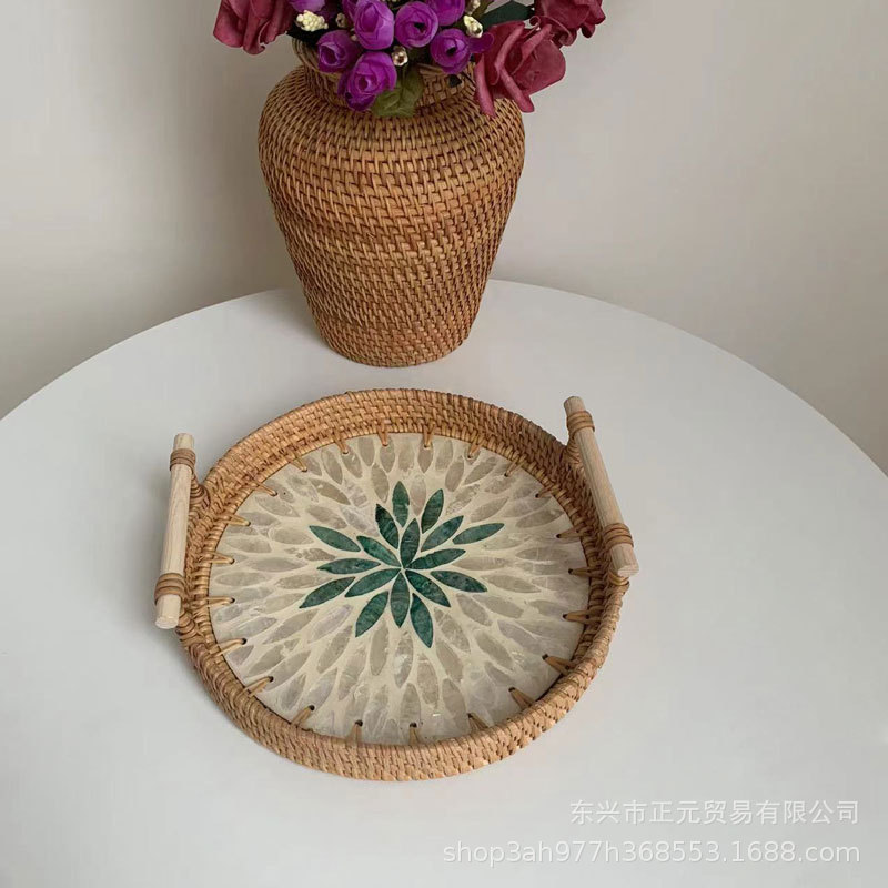 Vietnam ratán tejido Shell bandeja color Shell tejido merienda cesta de almacenamiento merienda bandeja fruta pan té bandeja
