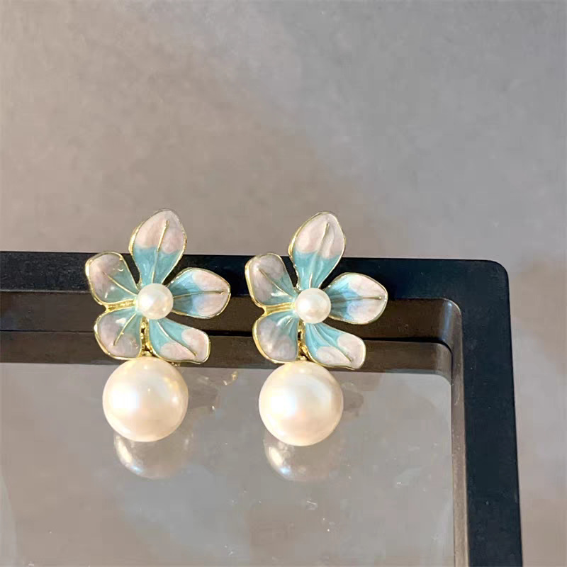 日韩甜美滴油花朵珍珠耳环可爱气质耳坠珐琅粉蓝花瓣耳饰