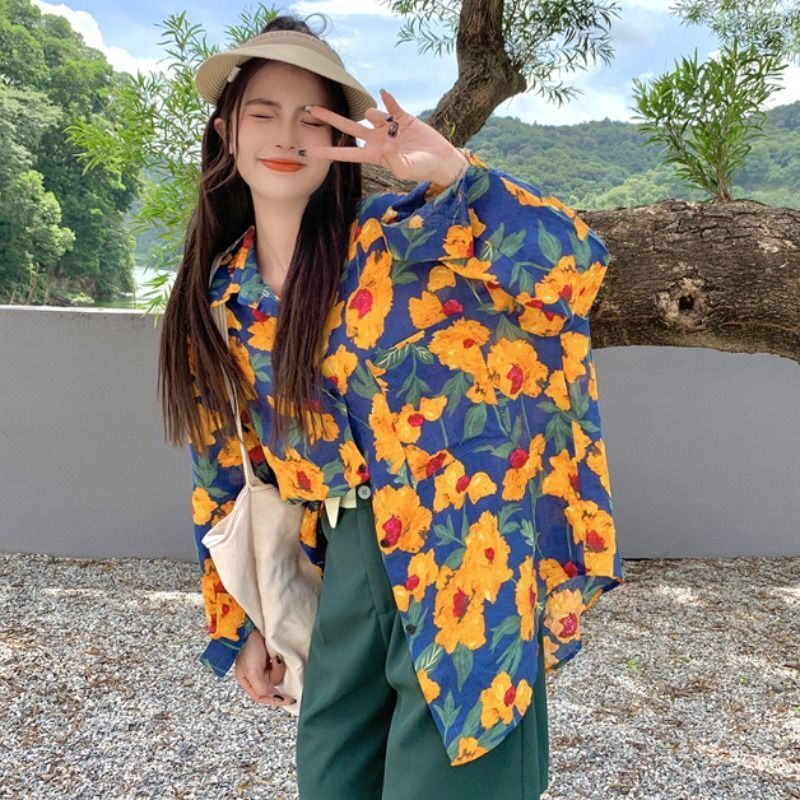 Performance Floral Shirt Women's Design Western Style Top New Style Niche Hong Kong Style Shirt Loose Team Building Long-Sleeved Shirt