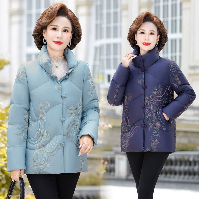 Зимний пуховик для матери среднего возраста, женское короткое винтажное пальто с вышивкой и пряжкой, свободная зимняя одежда больших размеров для бабушки