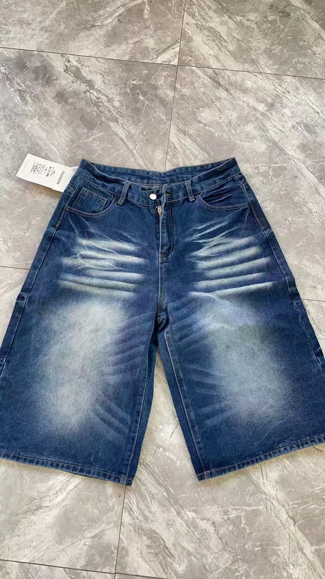 High Street Distressed Denim Shorts Men's & Women's Washed Wide-Leg Cargo Pants Cat Whisker Details_mkmklike.com