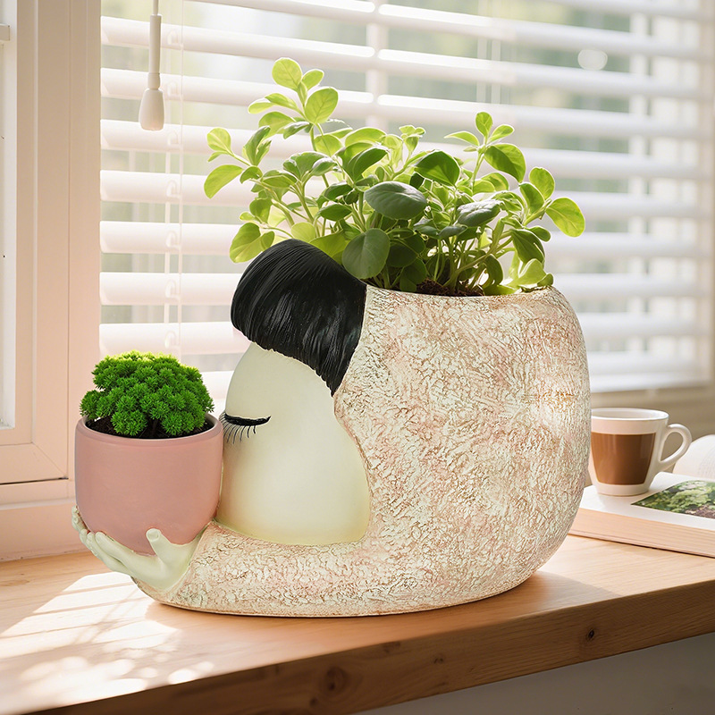 Hot-Selling Nordic Ins Style Sleeping Girl Holding Cup Double-Hole Flower Pot Home Desktop Creative Resin Decoration