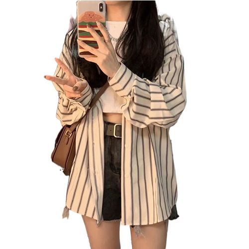 Women's Striped Shirt Jacket Summer 2025 New Korean Style Design Sense Unusual Thin Open Top Long Sleeve Top