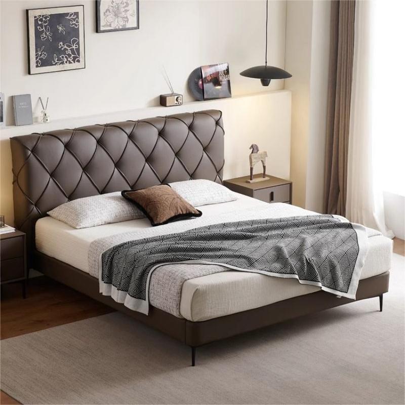 Dormitorio principal de cuero simple y moderno italiano simple cama doble de cuero de diamante image 4