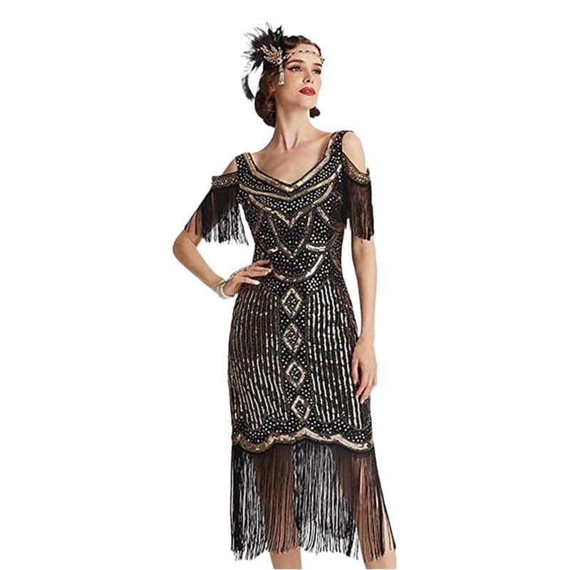 S-4Xl Gatsby 1920 European and American Retro Evening Dress Tassel Skirt Classy Banquet Party Sequined Dress