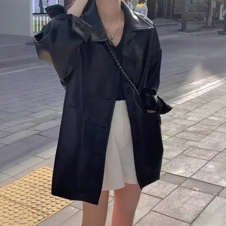 Hong Kong Style Black Lapel Pu Leather Jacket Women's Autumn and Winter New Retro Loose Versatile Imitation Leather Jacket Top Motorcycle Jacket