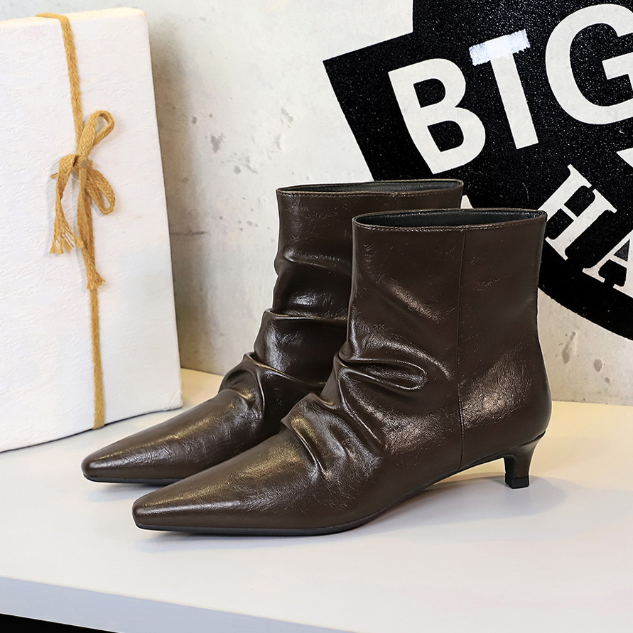 2887-2 Vintage Fashion For Women, Thin Heel Pointed Toe Short Pleated Stack Slim Boots, French Style Martin Ankle Boots_vogvips.com