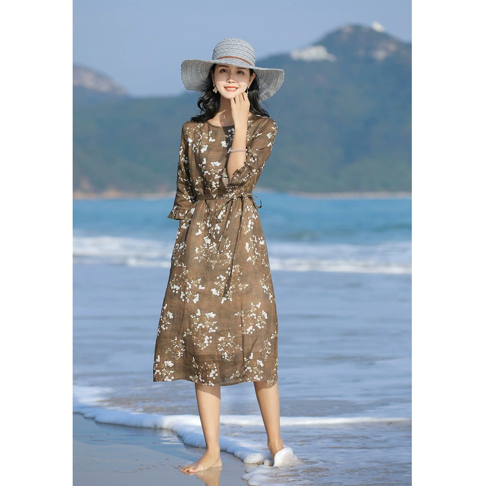 Женское длинное платье на шнуровке с принтом рами и хлопковой подкладкой, новинка 2020 года, длинное платье с рукавами-хипстером