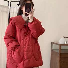 韩版娃娃领棉服甜美保暖红色圣诞款年款翻领爱心口袋小个子外套