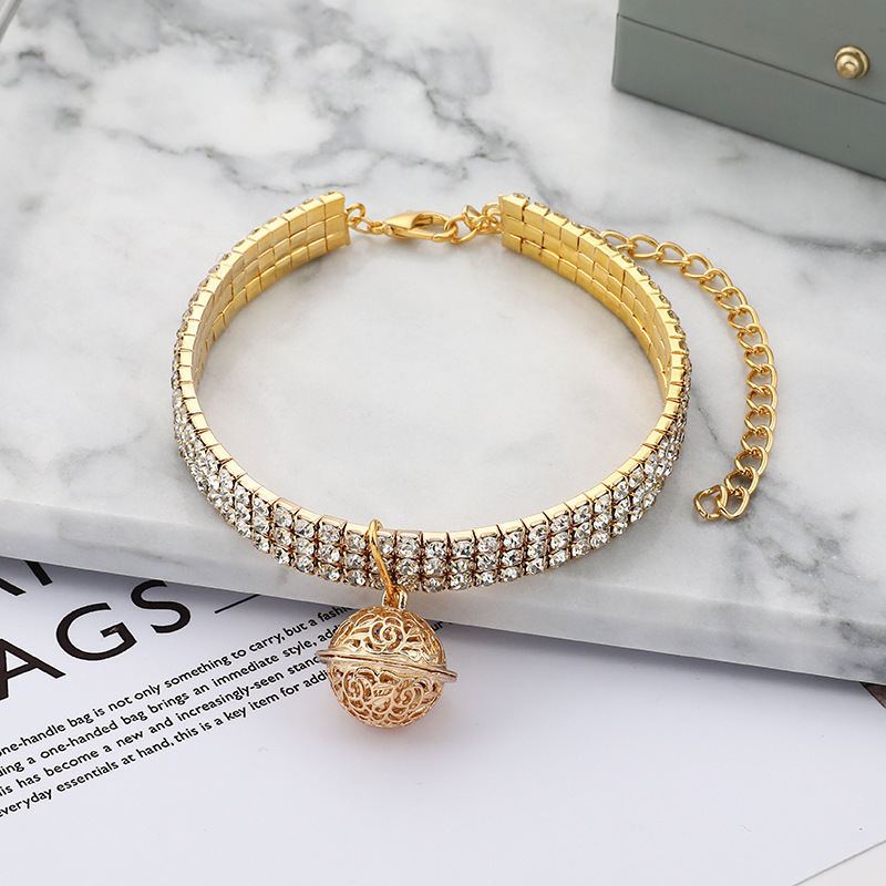 Cross-border cat and dog universal rhinestone elastic necklace Chinese style Bell pet collar accessories hollow Palace Bell