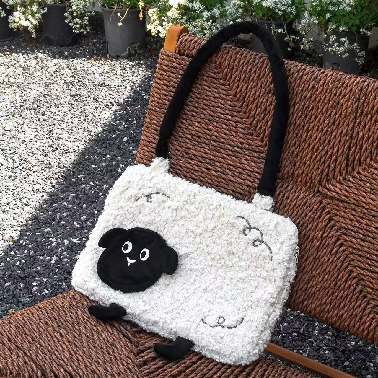 Cartoon New Creative Doll Bag, Cute Black-Faced Little Woolen Shoulder Bag, Funny Soft Plush Doll Computer Bag