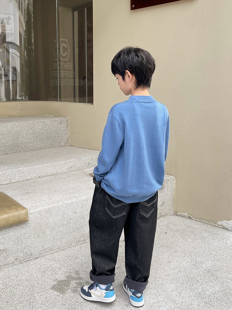 Boy Hai Ma home with cashmere jeans 2023 autumn and winter new children's fashion fan winter warm pants Korean version of children's wear