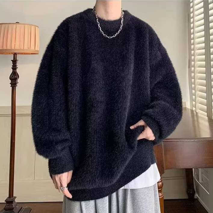 Mohair Knitwear Men's Autumn and Winter High-End Handsome Thickeneded Round Neck Knitwear Lazy Style American Loose Jacket