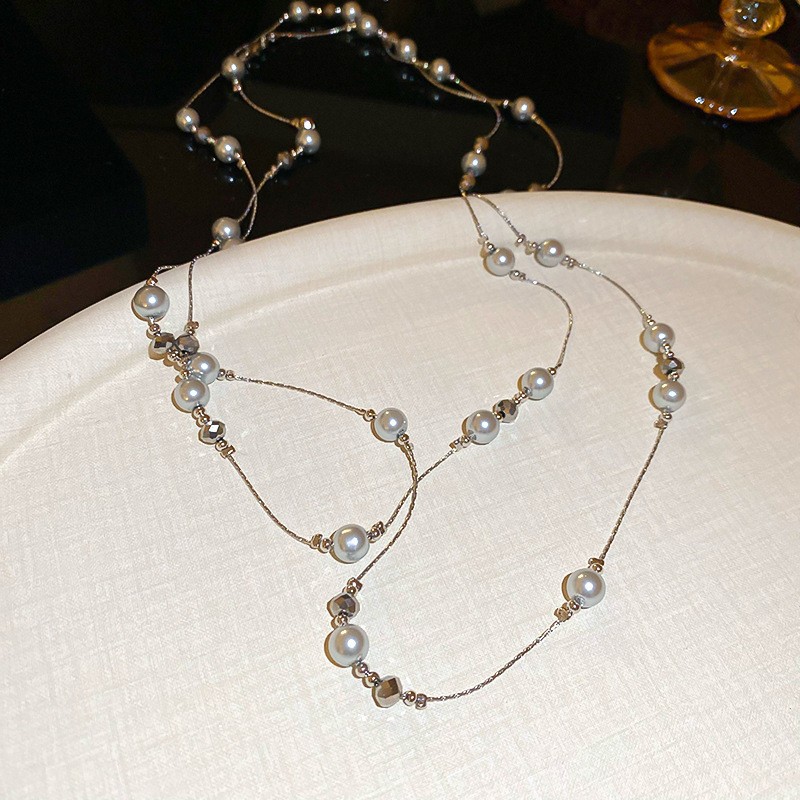 Collar con cuentas de perlas de gota de agua con diamantes transfronterizos otoño e invierno cadena de suéter de lujo ligero francés moda todo fósforo joyería de alta gama