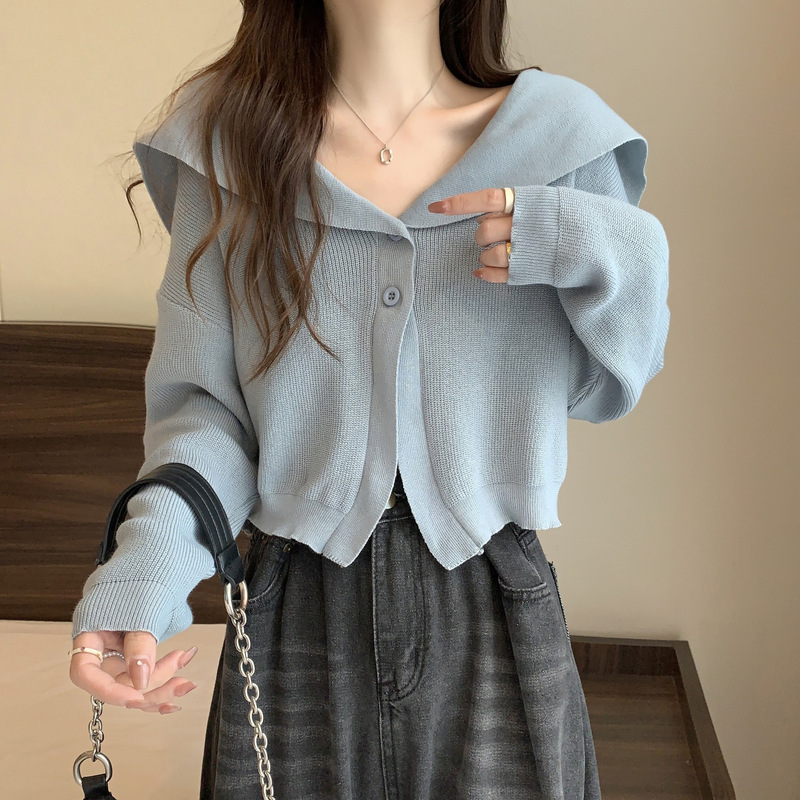 Navy collar 2023 spring new Korean style casual small short cardigan long sleeve outer knitted top women's clothing Navy collar 2023 spring new Korean style casual small short cardigan long sleeve outer knitted top women's clothing