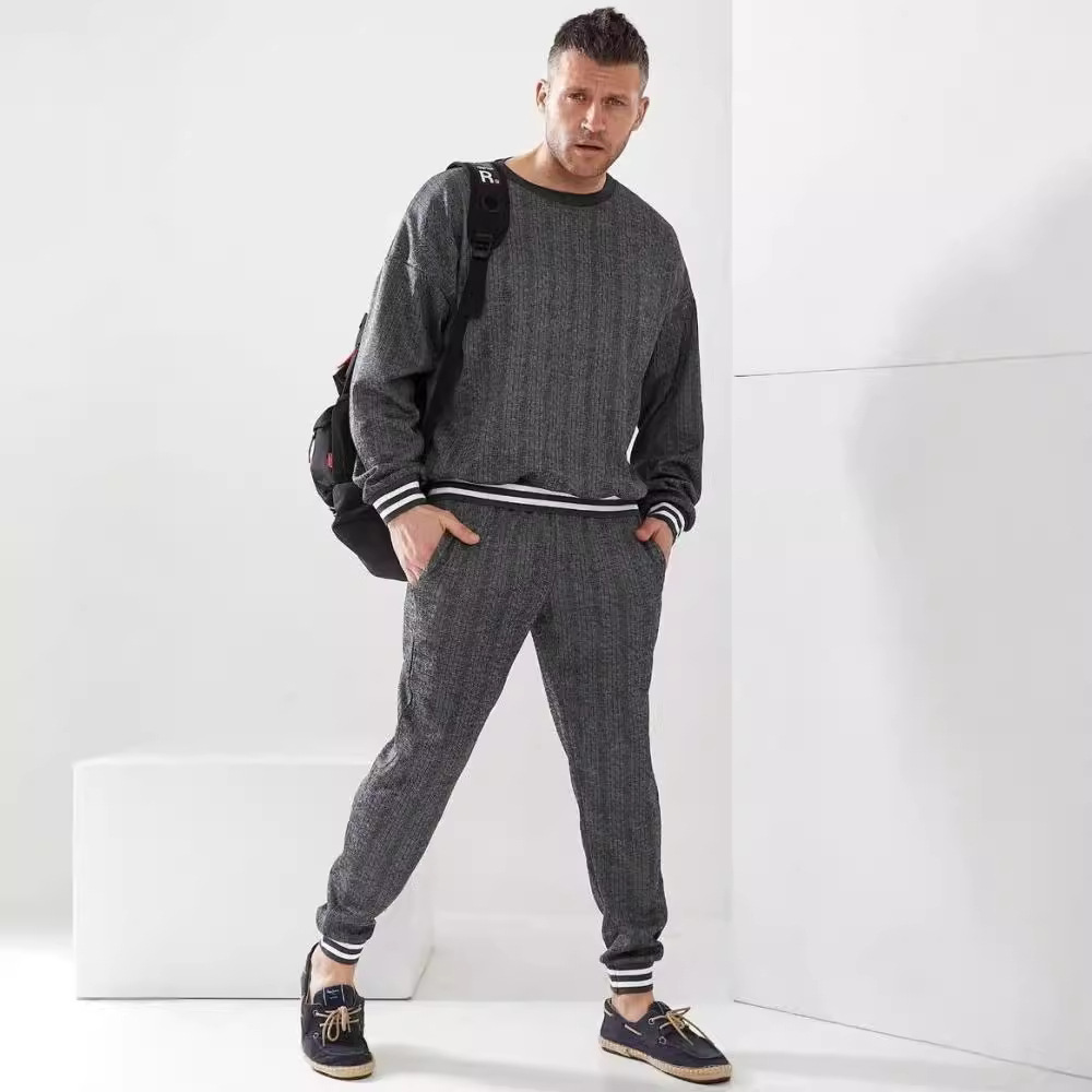2024 ribbed contrasting color splicing sweatshirt men's two-piece furniture leisure sports set_voghion.com