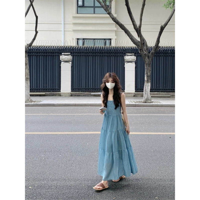 Реальные фотографии и реальные цены # Клетчатое платье на подтяжках, женское новое летнее утягивающее жилет для отдыха, длинная юбка