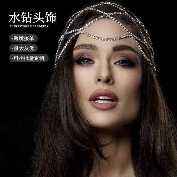 Beautiful Rhinestone Hair Accessories, Retro Cut Out Hair Net, Personalized Banquet Sparkling Hair Chain, Exotic Style Full Diamond Accessories in Stock