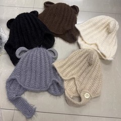 可爱百搭减龄小熊耳朵毛线帽子女秋冬保暖短遮护耳针织雷锋帽显瘦