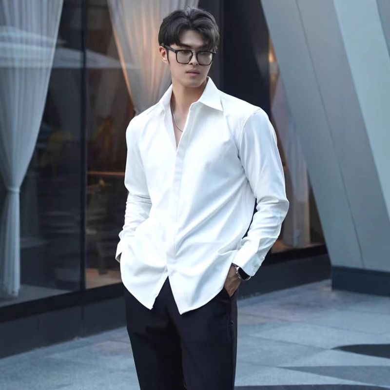 French Style Dark Button Chic White Shirt Men's High-end Loose Long-sleeved British Yuppie Non-ironing Shirt Suit Base Shirt