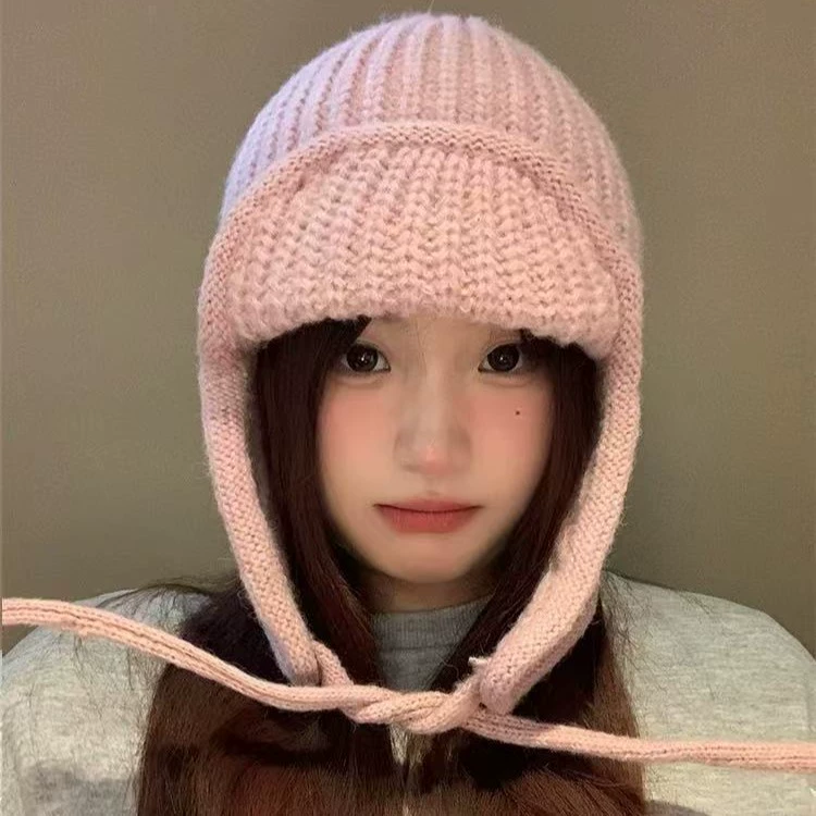 Зимний шарф‑шапка Korean Knit Earflap Hat для женщин, мягкий и тёплый, 56–58 см, фуксия, белый, серый, хаки, черный