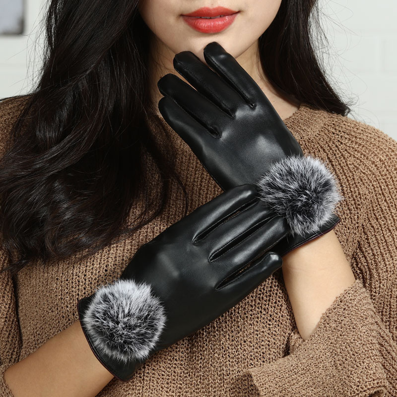 保暖手套女冬天皮手套冬季加絨女士運動騎車開車觸屏毛球手套滑雪