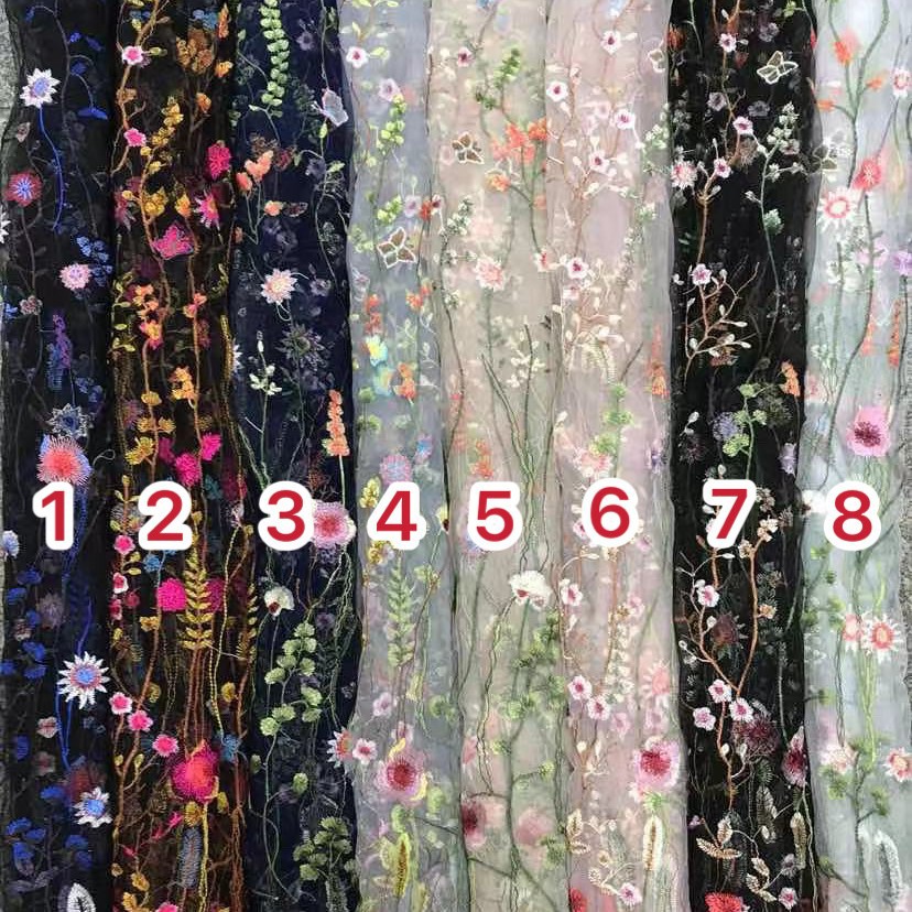 海草蝶花绣网纱布料拍照童装刺绣布料蕾丝花边面料