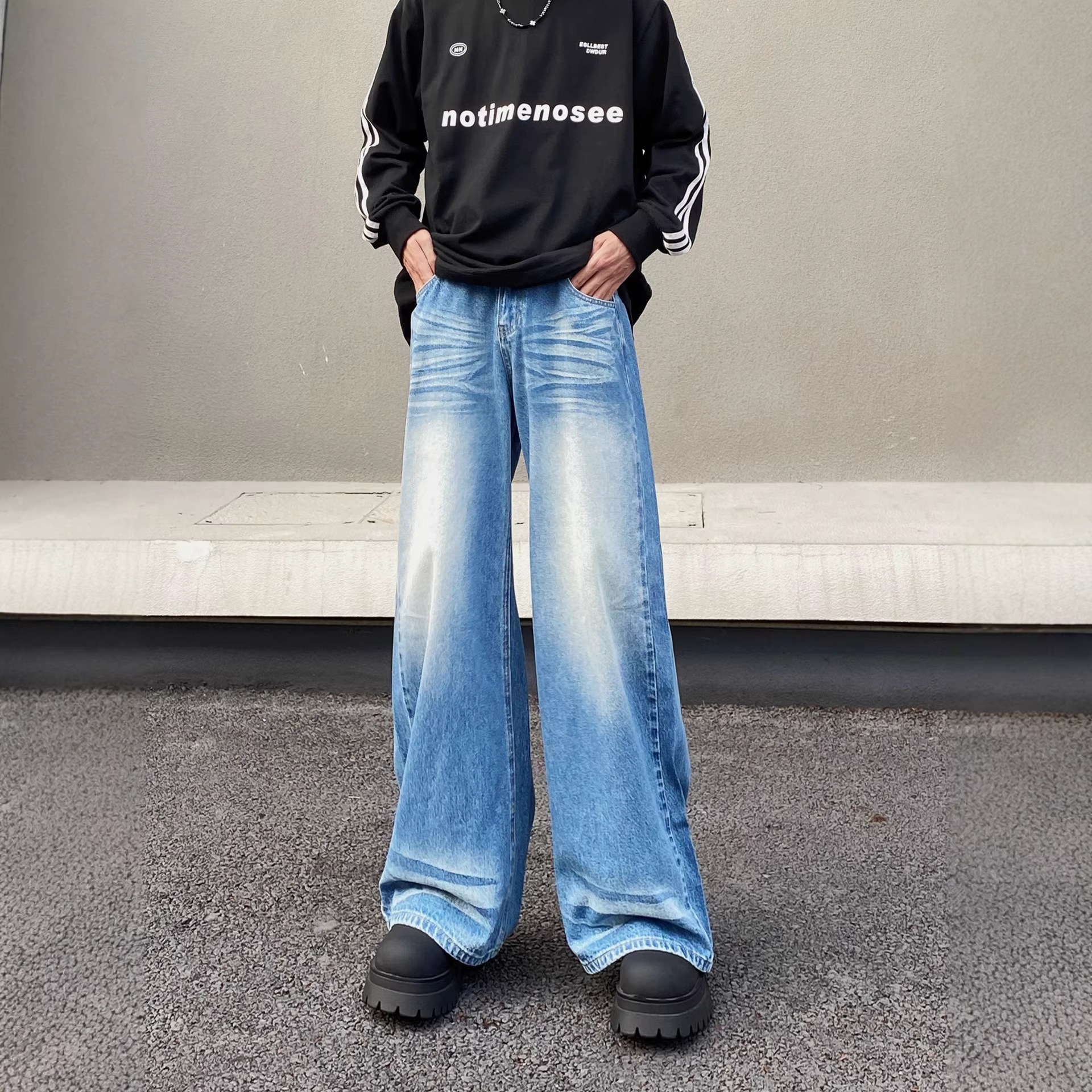 Vintage Washed Blue Wide Leg Jeans For Men & Women | Retro Loose Fit Straight Denim Pants | High Waist Comfort Styling_mkmklike.com