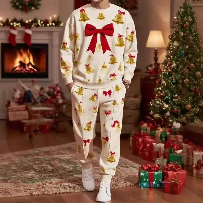 欧美外贸跨境秋季新款3D印休闲连帽男款卫衣套装卫衣圣诞厂家