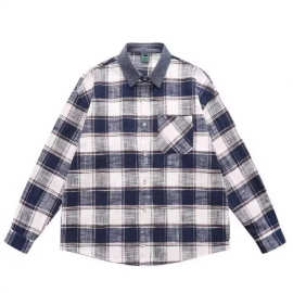 跨境美式复古撞色格子拼接长袖衬衫男春夏宽松休闲百搭上衣外套潮