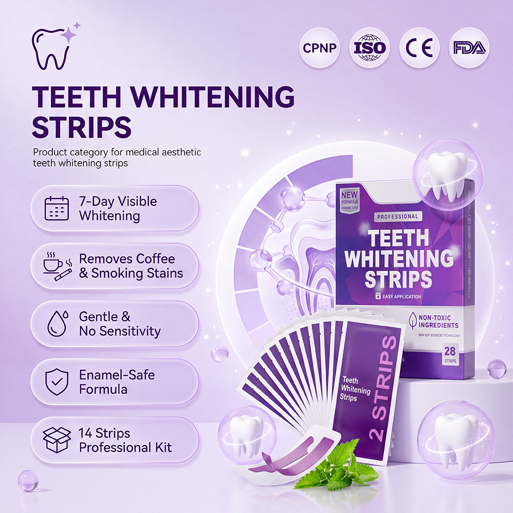 Cross-border 4X large box of purple teeth whitening strips, with all instructions in English, no logo, neutral packaging, and no hydrogen peroxide or PAP