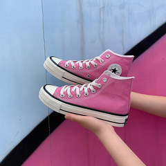 2023春夏新款韓版亮油櫻花粉紅色高幫帆布鞋女厚底增高4CM松糕鞋