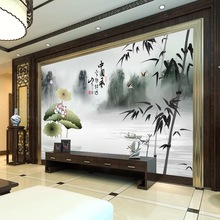 3d立体中式水墨荷花酒店壁画客厅竹子山水5d电视背景墙纸墙布壁纸