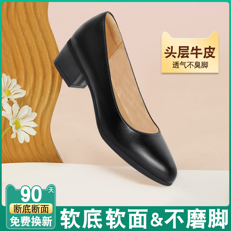 Leather Stewardess Work Shoes Women's Black Soft Sole Comfortable Work Long-standing Not Tired Foot Thick Heeled Bank Career Interview Shoes