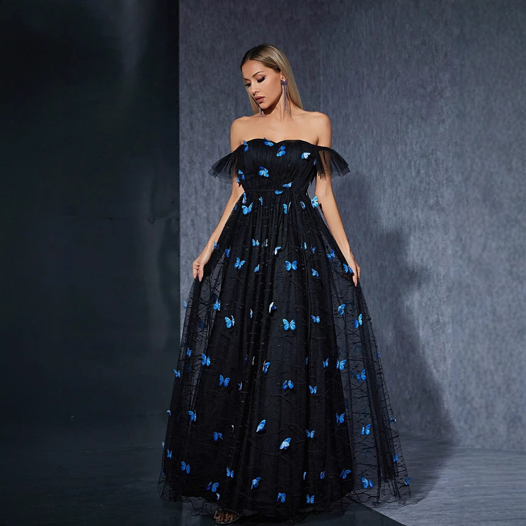 Vestido de hombro negro nuevo bordado mariposa malla de nicho de fiesta vestido de noche Amazon al por mayor image 4