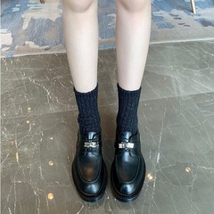 羊皮版~真皮锁扣黑色复古圆头乐福鞋女粗跟英伦风小皮鞋牛津单鞋