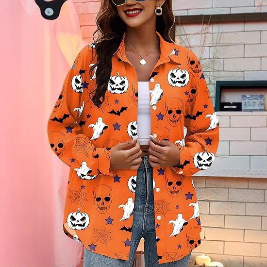 Women's Halloween Shirt: Pumpkin Skeleton T-Shirt Pattern Halloween Autumn Long Sleeve Hawaiian Button-Up Shirt Women's Halloween Shirt: Pumpkin Skeleton T-Shirt Pattern Halloween Autumn Long Sleeve Hawaiian Button-Up Shirt