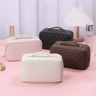 Advanced Sense PU Leather Cosmetic Bag Checkered Pillow Bag Large Capacity Toiletry Bag Multi-Functional Waterproof Storage Bag
