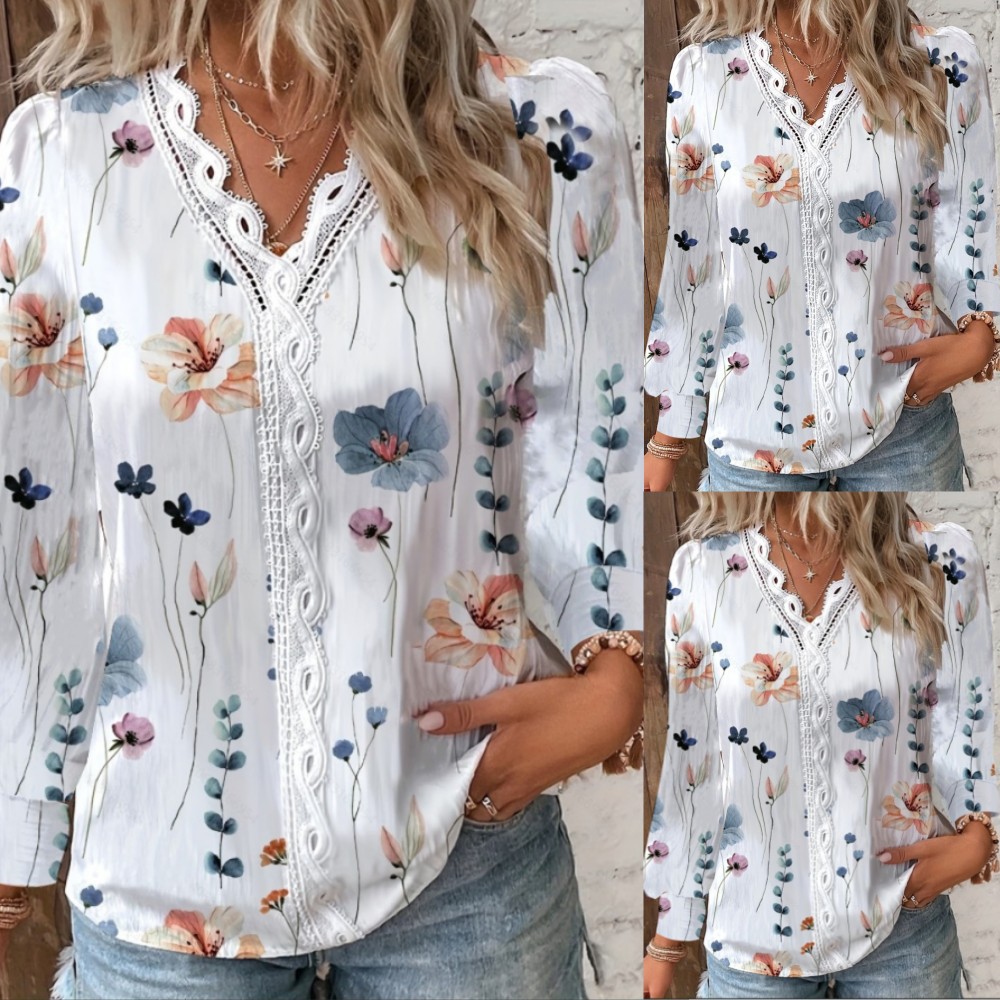 2023 estación independiente deseo Amazon popular otoño nueva manga larga cuello en V encaje costura camisa para las mujeres