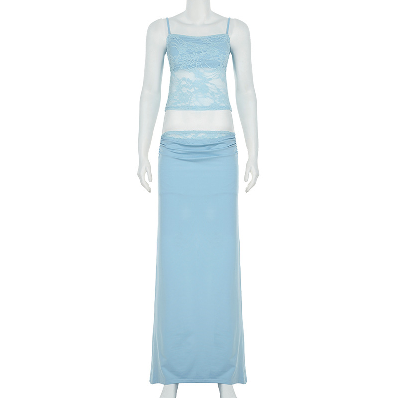 Women Clothing Lace Top with Narrow Straps Stitching Satin Fishtail Skirt Slim Waist Sheath Skirt Two Piece Sets
