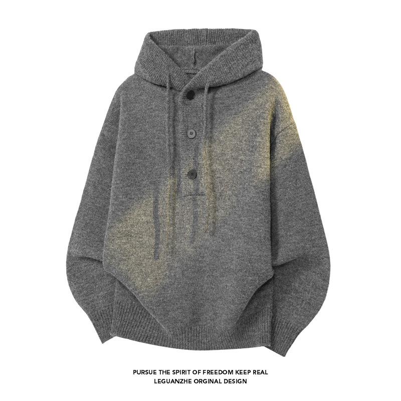 Solid Color Hooded Knit For Men, Autumn Cleanfit American Loose Sweatshirt, Lazy Style High-End Sweater_voghion.com