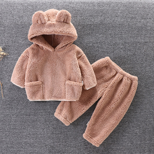 Children's autumn and winter flannel suit baby pajamas home clothes warm hooded outer wear two-piece set 2024 new style