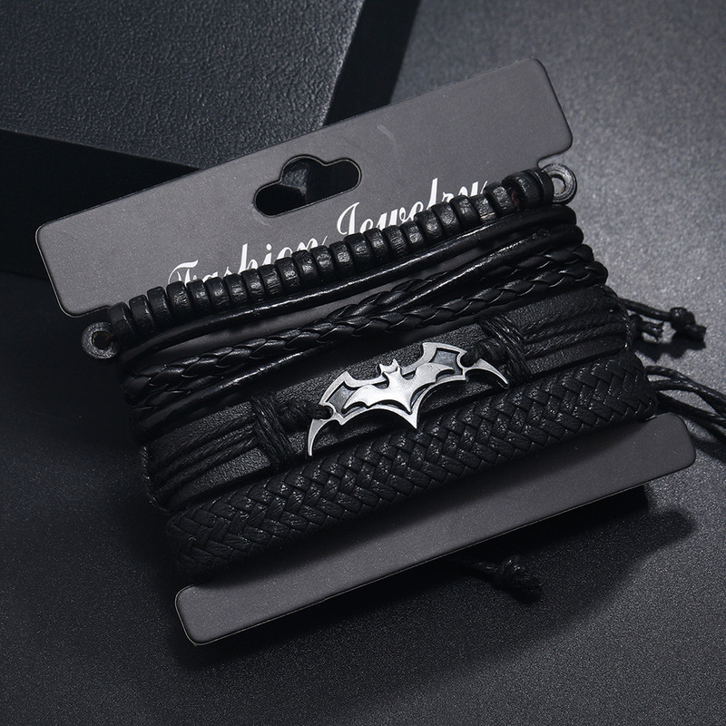 Simple Retro Style Hand-Woven Alloy Batman Logo Decorative Bracelet DIY 4-Piece Leather Bracelet Set