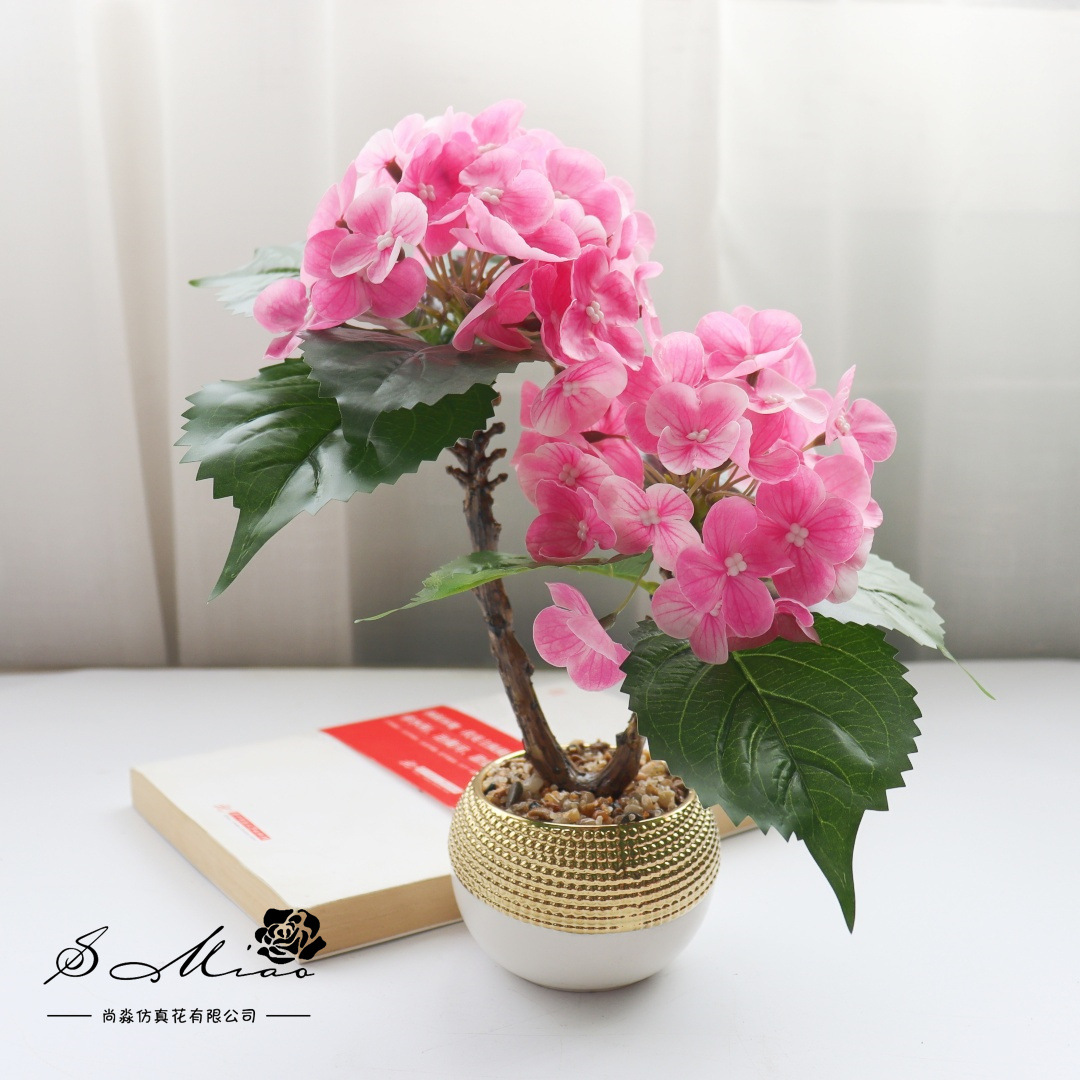 Flores falsas de alta calidad dos extremos hortenida flor de simulación bonsai decoración de moda creativa plantación verde artificial simulación maceta