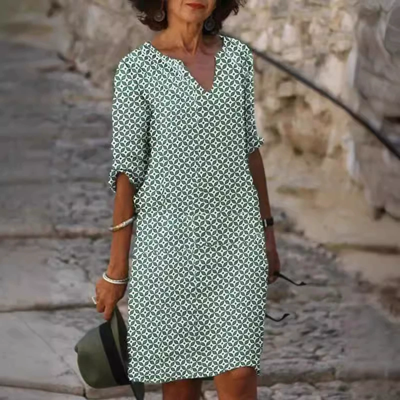 AliExpress желает европейской и американской внешней торговли женская одежда популярное платье с V-образным вырезом и средним рукавом многоцветное Платье с принтом для женщин