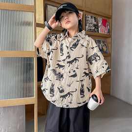 男童短袖衬衫2025年夏季新款洋气儿童上衣韩版衬衣满印卡通动物潮