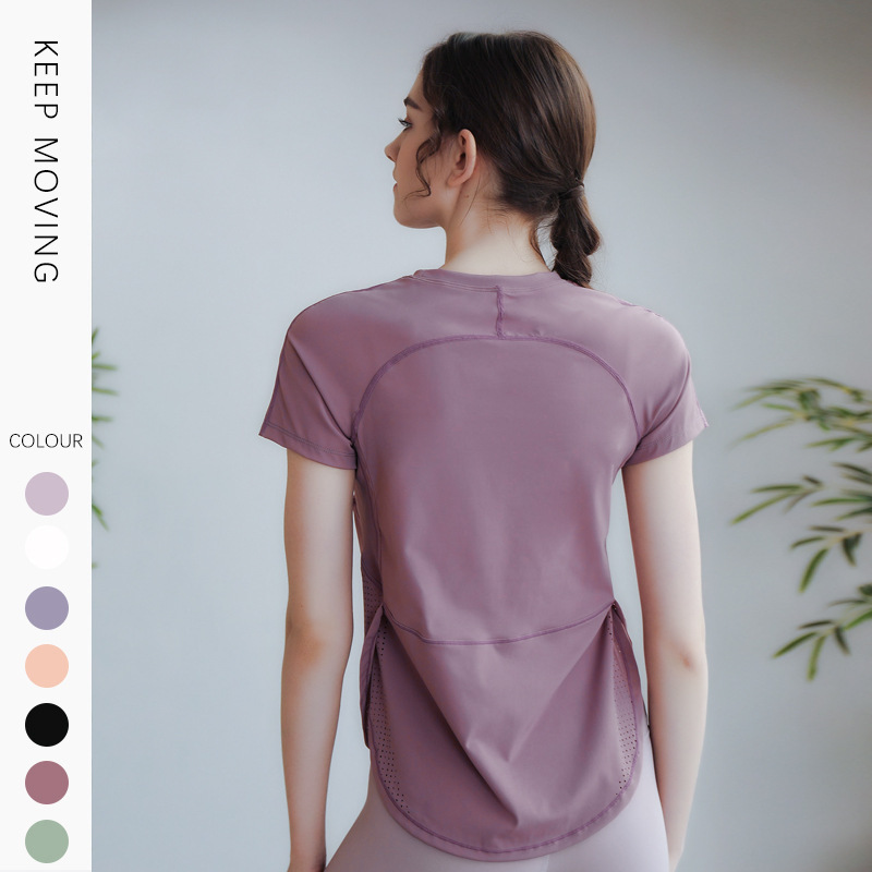 Lulu's fitness yoga suit short-sleeved summer loose running sports t-shirt quick-drying sportswear nylon top for women 