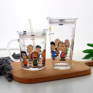 Internet Celebrity ins Snoopy Straw Glass Water Cup for Male and Female Students Korean Style High-value Cute Scale Cup for Household
