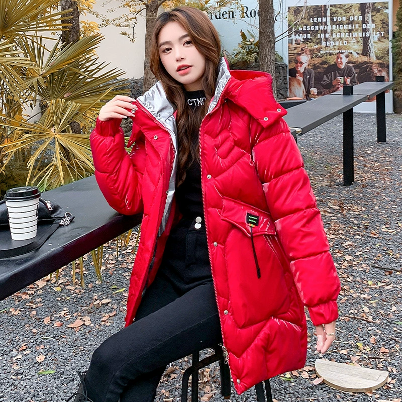 Long winter glossy fashionable down jacket with hood with down, mid-length, 2023, European style